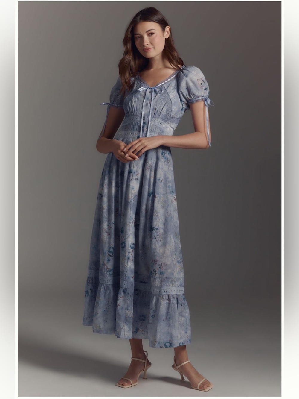 Anthropologie Dusty Blue Floral Puff-Sleeve Maxi Dress